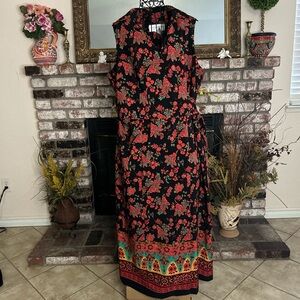 Vintage Sagharbor Bright Floral Print Black Red Teal Sleeve Less Midi Dress